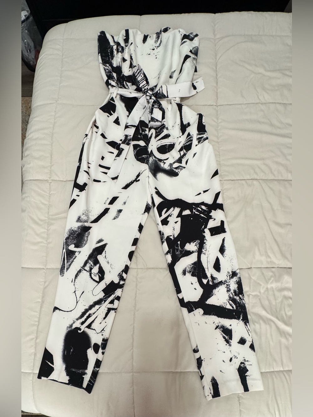 New York & Company Black and White Abstract Strapless Jumpsuit